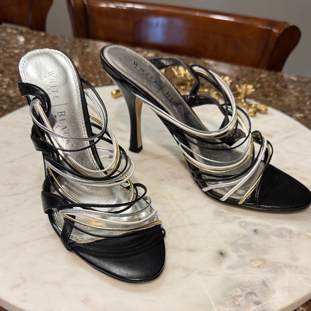 White House Black Market | Black Strappy Heels with Silver and Gold Accents